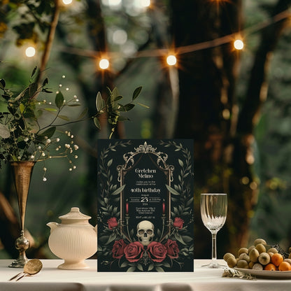 Gothic Vintage Birthday Invitation - Elegant Skull and Roses Design