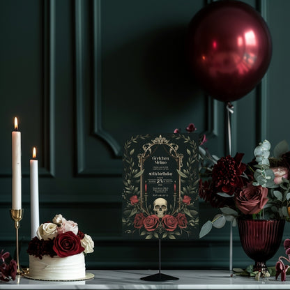 Gothic Vintage Birthday Invitation - Elegant Skull and Roses Design
