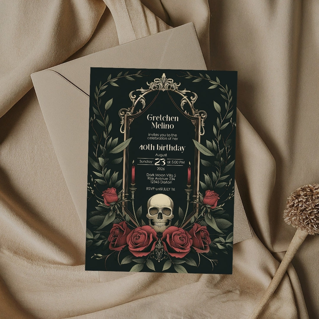 Gothic Vintage Birthday Invitation - Elegant Skull and Roses Design