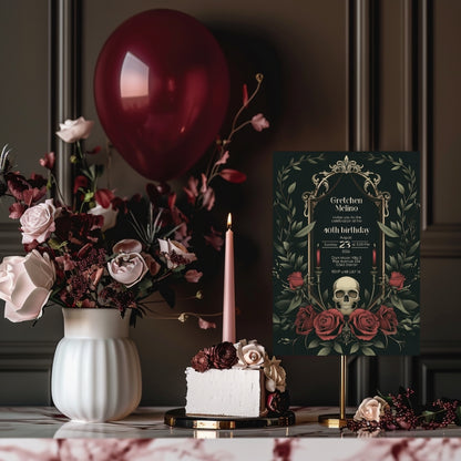 Gothic Vintage Birthday Invitation - Elegant Skull and Roses Design