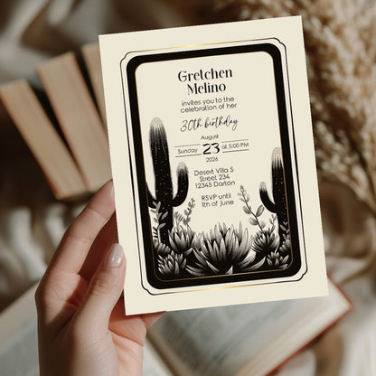 Elegant Desert Noir Birthday Invitation - Black and White Botanical Design