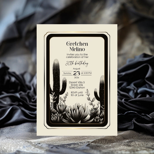 Elegant Desert Noir Birthday Invitation - Black and White Botanical Design