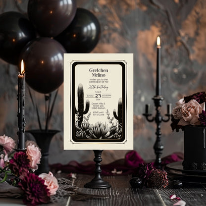 Elegant Desert Noir Birthday Invitation - Black and White Botanical Design