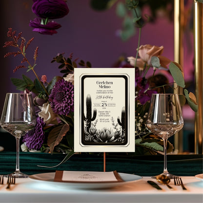 Elegant Desert Noir Birthday Invitation - Black and White Botanical Design