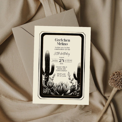Elegant Desert Noir Birthday Invitation - Black and White Botanical Design