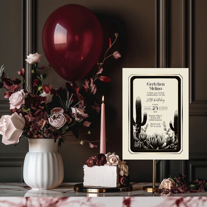 Elegant Desert Noir Birthday Invitation - Black and White Botanical Design