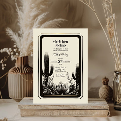 Elegant Desert Noir Birthday Invitation - Black and White Botanical Design