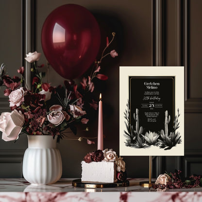 Dark Modern Desert Birthday Invitation - Black and White Minimalist Design with Cacti Motifs