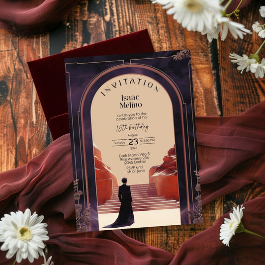 Gothic Emperor Desert Elegance Birthday Invitation - Purple and Black Design with Desert Motifs