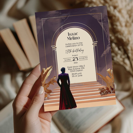 Dark Bohemian Desert Emperor Birthday Invitation - Purple and Red Design with Classical Desert Motifs