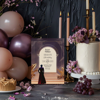 Dark Bohemian Desert Emperor Birthday Invitation - Purple and Red Design with Classical Desert Motifs