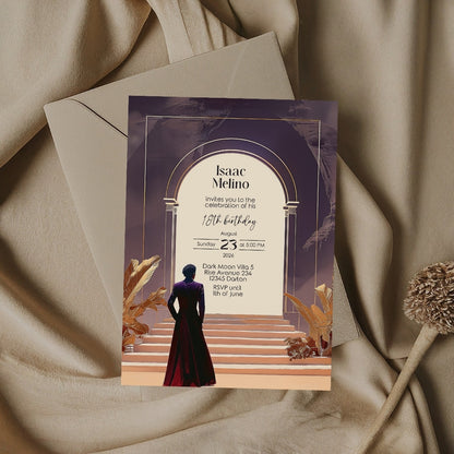 Dark Bohemian Desert Emperor Birthday Invitation - Purple and Red Design with Classical Desert Motifs
