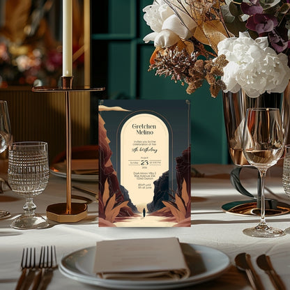Modern Bohemian Birthday Invitation - Elegant Teal and Earthy Tones Design with Canyon Motifs