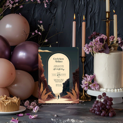 Modern Bohemian Birthday Invitation - Elegant Teal and Earthy Tones Design with Canyon Motifs