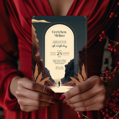 Modern Bohemian Birthday Invitation - Elegant Teal and Earthy Tones Design with Canyon Motifs