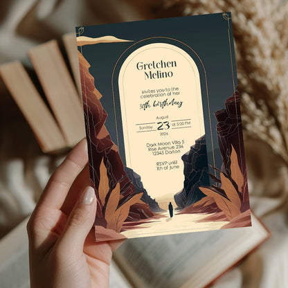 Modern Bohemian Birthday Invitation - Elegant Teal and Earthy Tones Design with Canyon Motifs