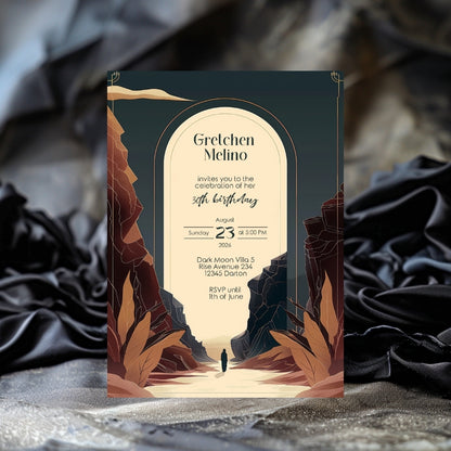 Modern Bohemian Birthday Invitation - Elegant Teal and Earthy Tones Design with Canyon Motifs