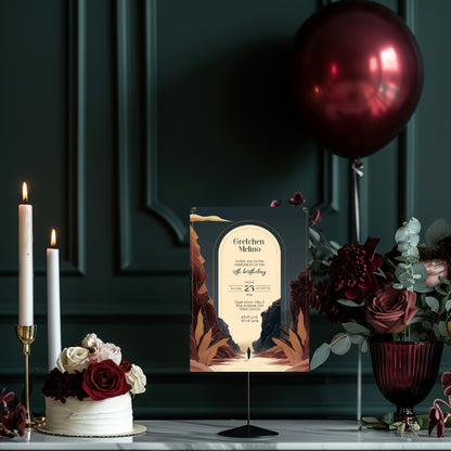 Modern Bohemian Birthday Invitation - Elegant Teal and Earthy Tones Design with Canyon Motifs