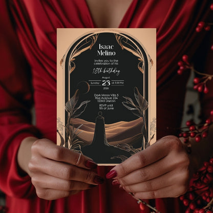 Dark Desert Emperor Birthday Invitation - Elegant Black and Gold Design with Art Nouveau Motifs