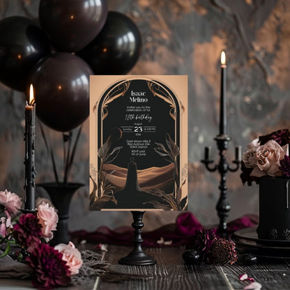 Dark Desert Emperor Birthday Invitation - Elegant Black and Gold Design with Art Nouveau Motifs