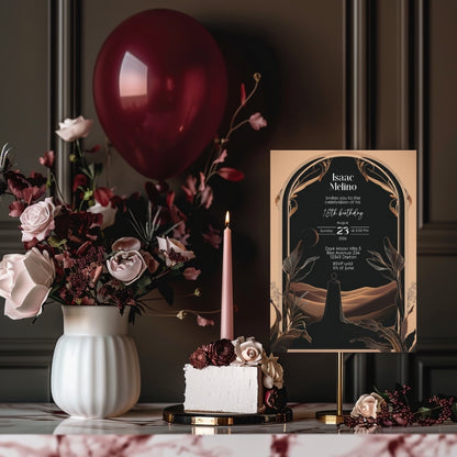 Dark Desert Emperor Birthday Invitation - Elegant Black and Gold Design with Art Nouveau Motifs