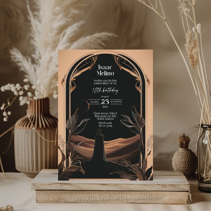 Dark Desert Emperor Birthday Invitation - Elegant Black and Gold Design with Art Nouveau Motifs