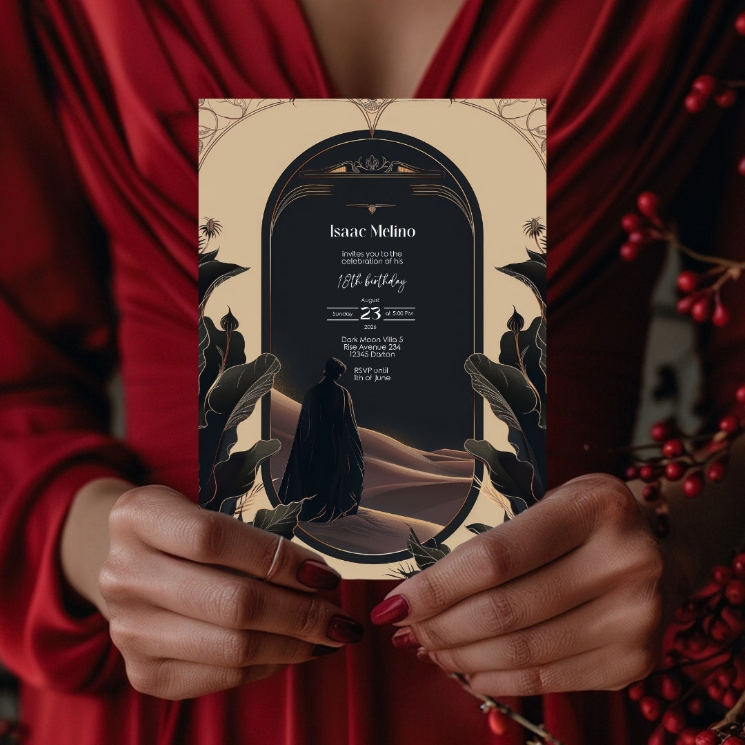 Gothic Desert Birthday Invitation - Black and Gold Elegance