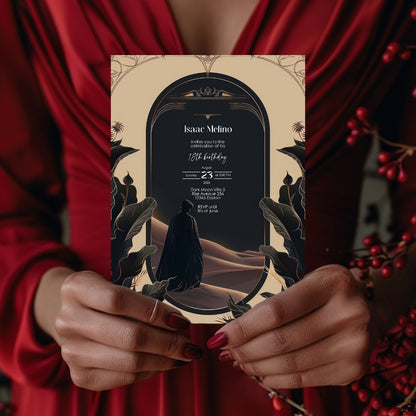 Gothic Desert Birthday Invitation - Black and Gold Elegance