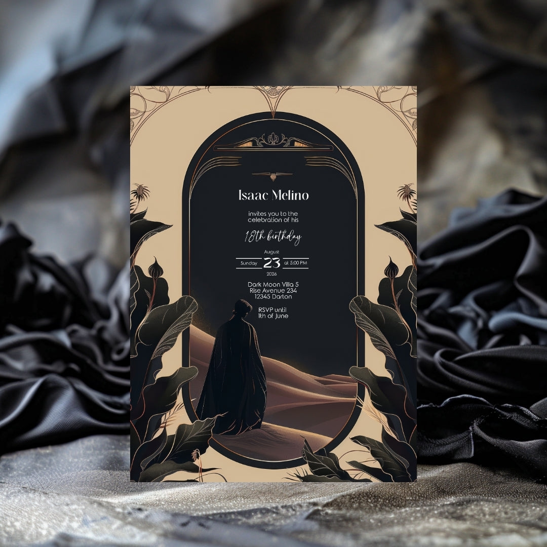 Gothic Desert Birthday Invitation - Black and Gold Elegance
