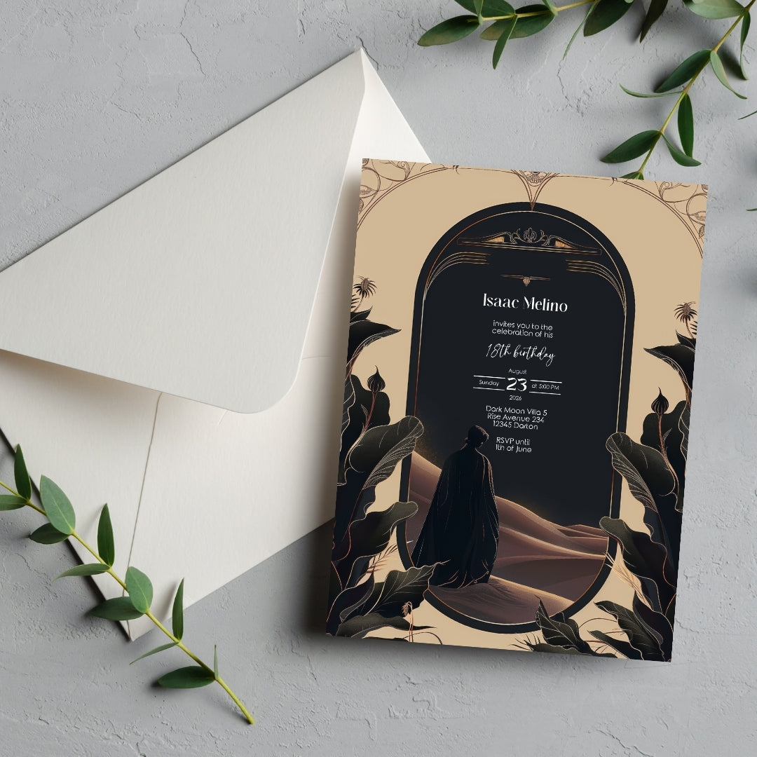 Gothic Desert Birthday Invitation - Black and Gold Elegance