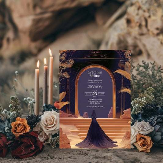 Elegant Oriental Fantasy Birthday Invitation - Purple and Gold Desert Design