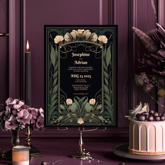 Floral Art Deco Gothic Wedding Invitation