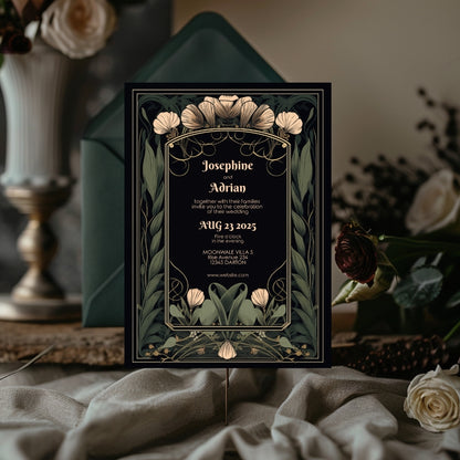 Floral Art Deco Gothic Wedding Invitation