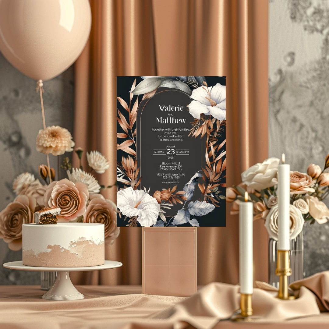 Dark Dry Floral Fall Wedding Invitation