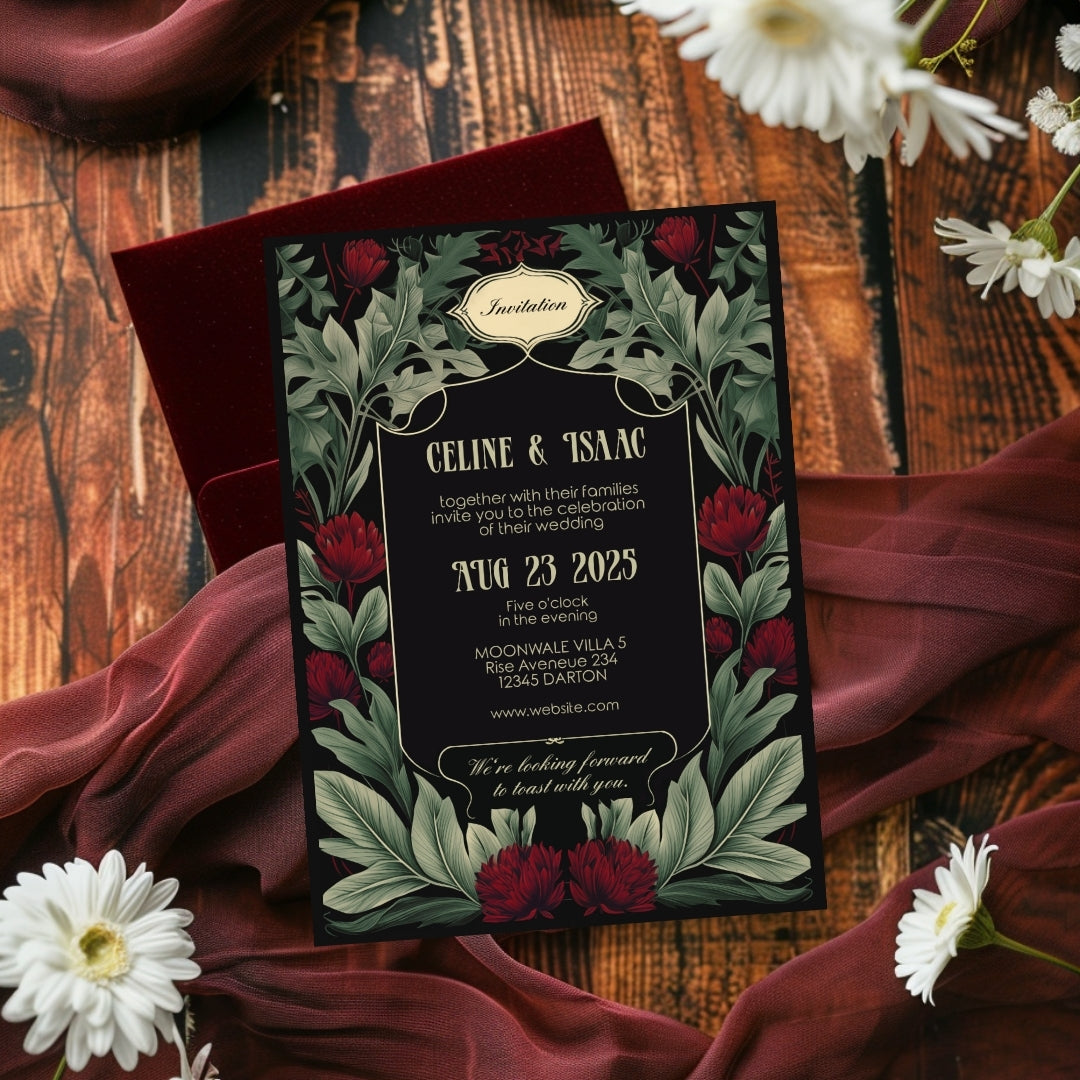 Red Floral Garden Vintage Wedding Invitation