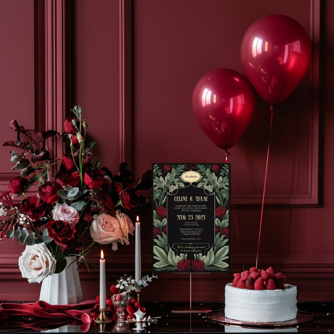 Red Floral Garden Vintage Wedding Invitation