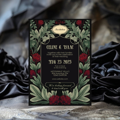 Red Floral Garden Vintage Wedding Invitation