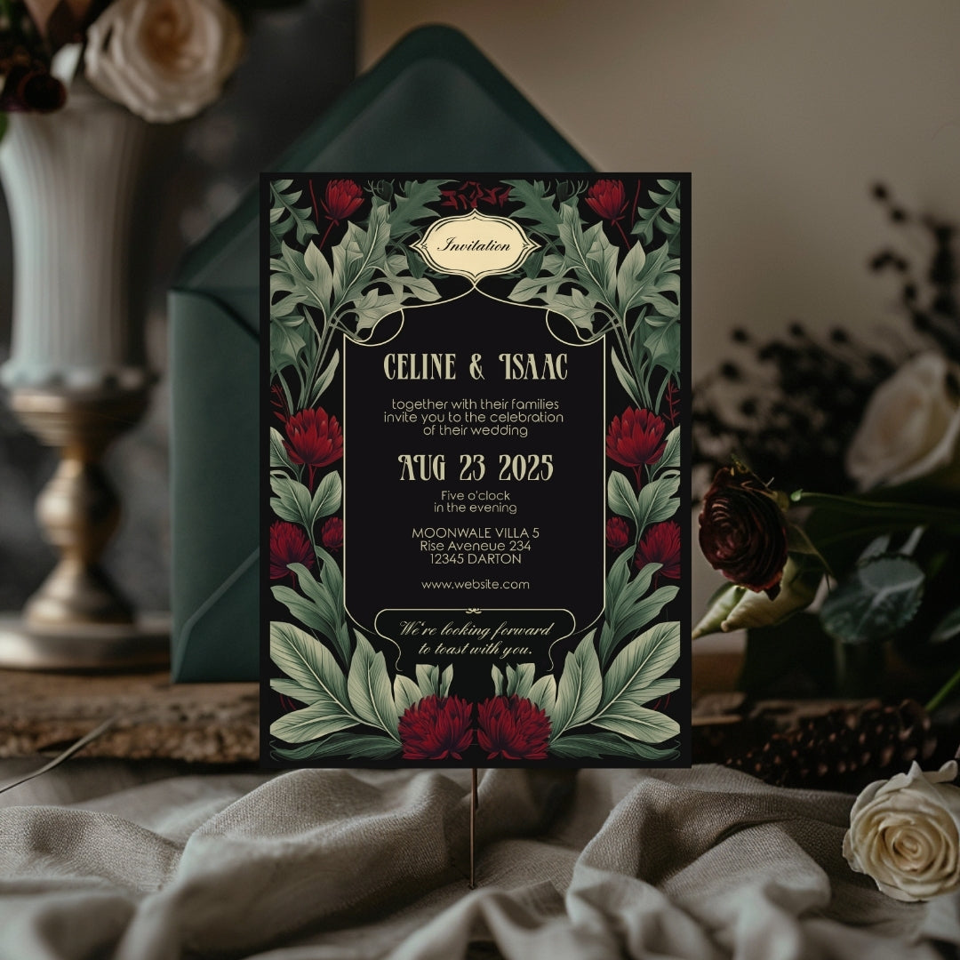Red Floral Garden Vintage Wedding Invitation