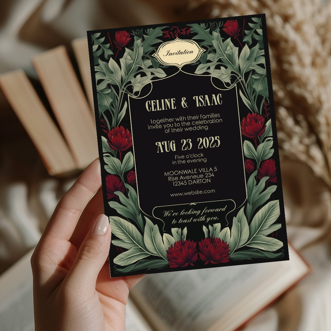 Red Floral Garden Vintage Wedding Invitation