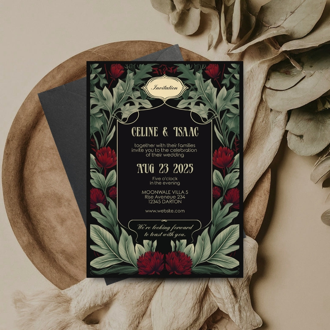 Red Floral Garden Vintage Wedding Invitation