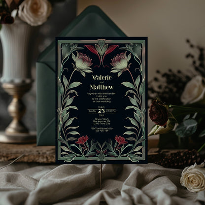 Red Floral Gothic Wedding Invitation