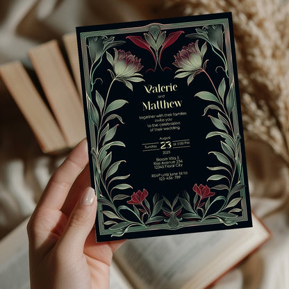 Red Floral Gothic Wedding Invitation