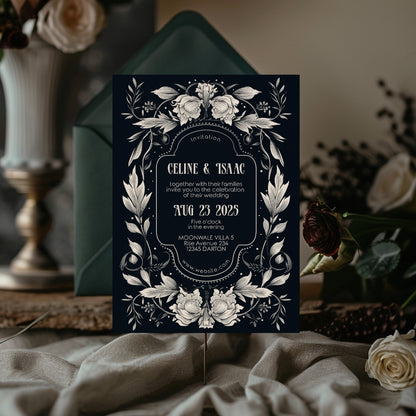 Floral Gothic Crest Wedding Invitation