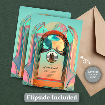 Bold Neon Festival Wedding Invitation – Iridescent Abstract Sculptural Arch Design