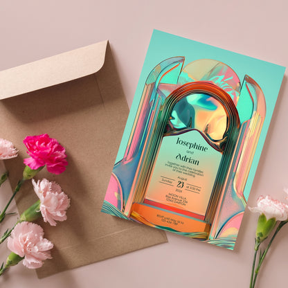 Bold Neon Festival Wedding Invitation – Iridescent Abstract Sculptural Arch Design