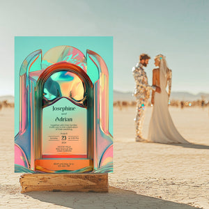 Bold Neon Festival Wedding Invitation – Iridescent Abstract Sculptural Arch Design