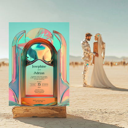 Bold Neon Festival Wedding Invitation – Iridescent Abstract Sculptural Arch Design