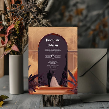 Red Dune Desert Couple Gold Arch Wedding Invitation