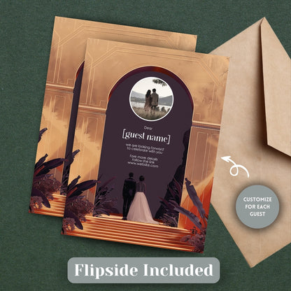 Red Dune Desert Couple Gold Arch Wedding Invitation