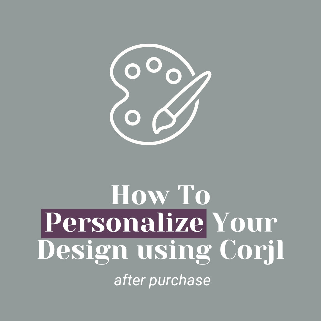 A tutorial graphic titled "How to Personalize Your Design using Corjl" features a play button icon and provides instructions for personalizing the design after purchase.